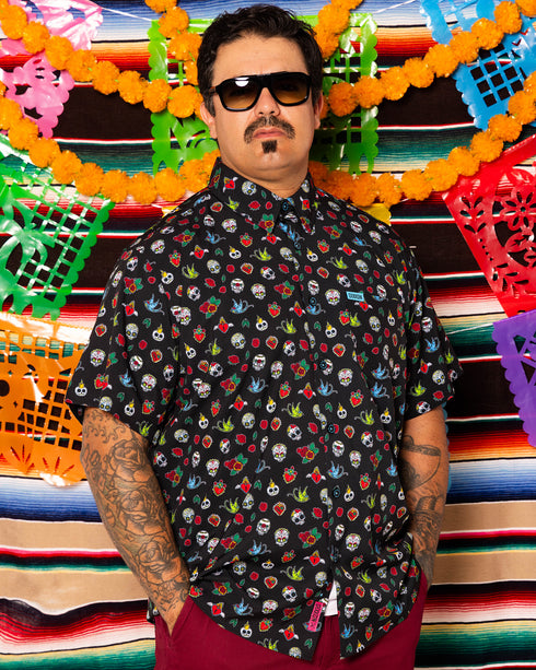 LOS MUERTOS PARTY SHIRT SHORT SLEEVE BUTTON UP  - MENS